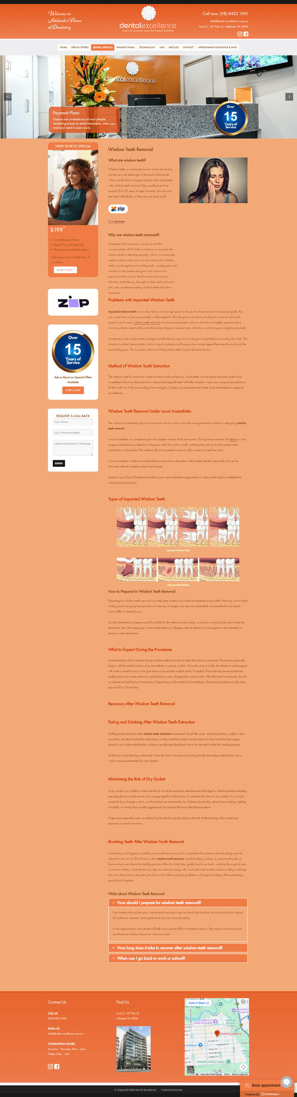 Screenshot of Dental Excellence wisdom teeth removal Adelaide webpage featuring wisdom tooth extraction, impacted wisdom teeth treatment, dental services and wisdom teeth surgery information